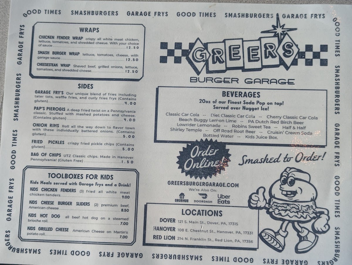 Greer’s Burger Garage menu board