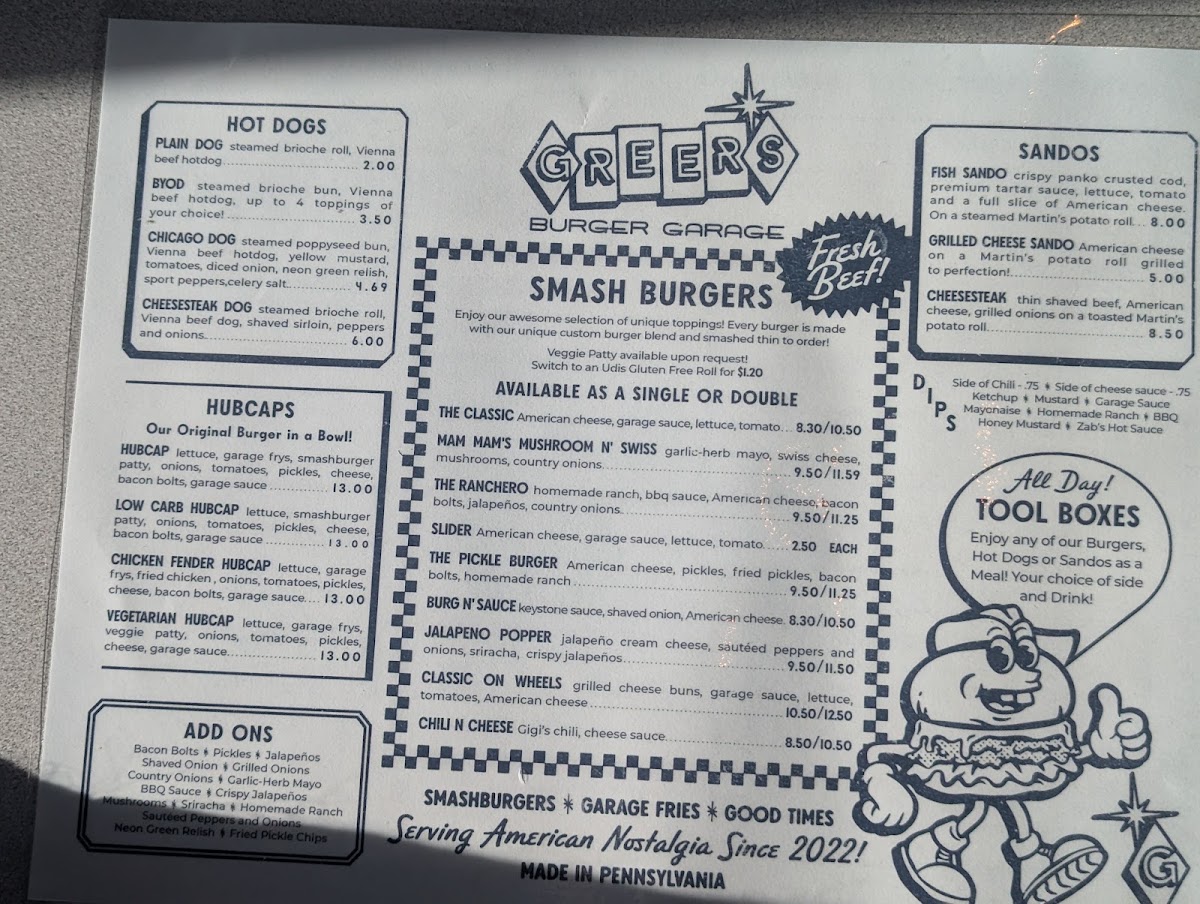 Greer’s Burger Garage menu board