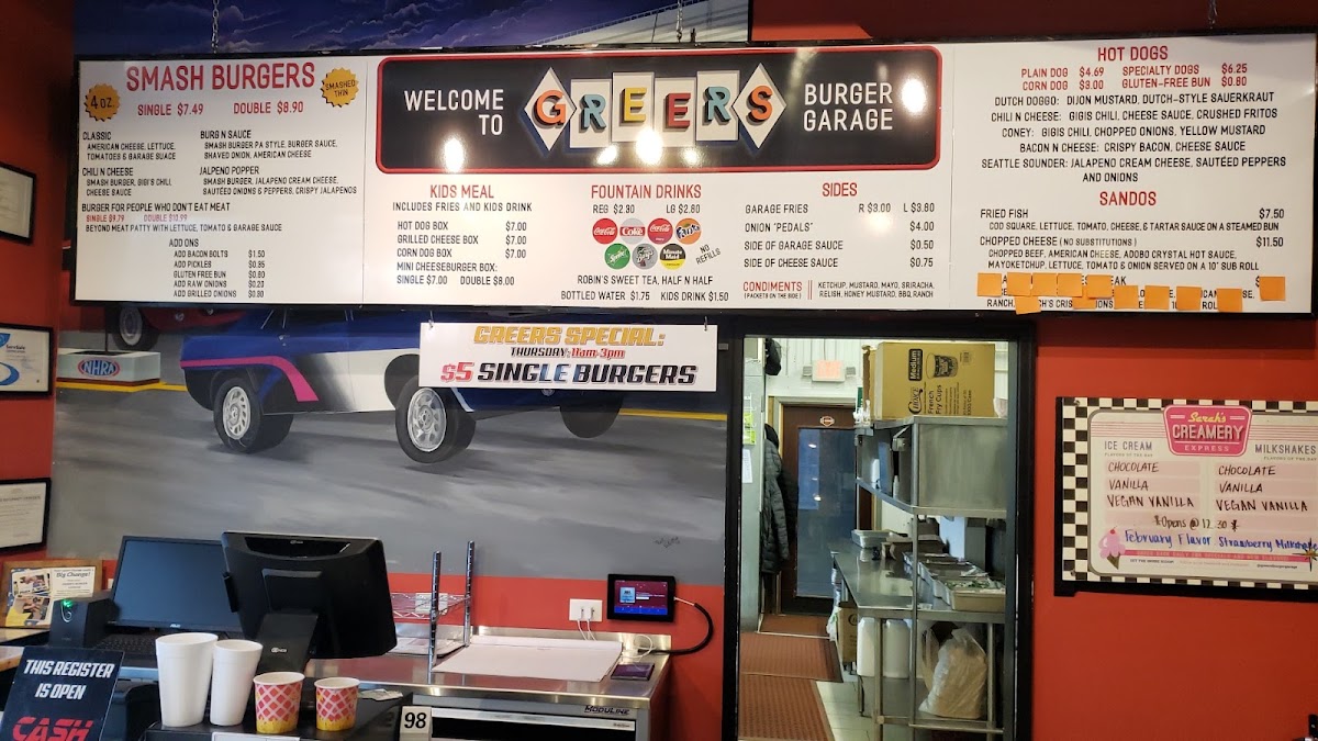 Greer’s Burger Garage menu board