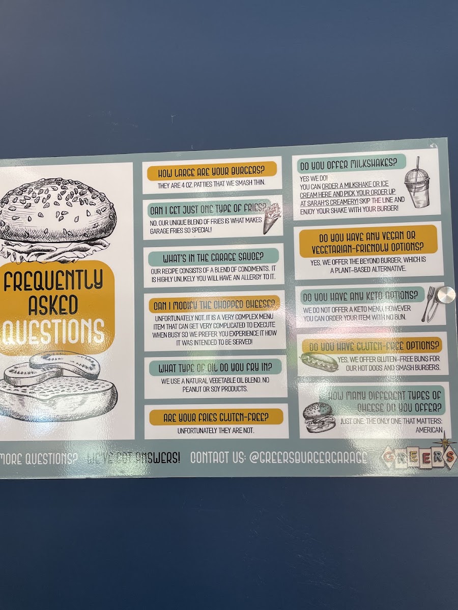 Greer’s Burger Garage menu board