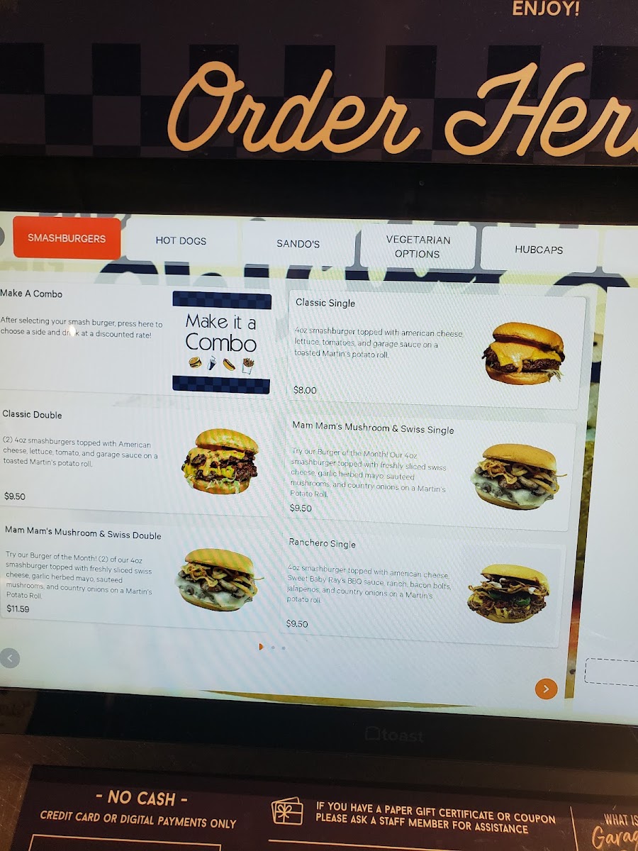 Greer’s Burger Garage menu board