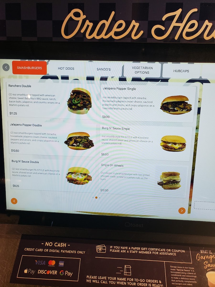 Greer’s Burger Garage menu board