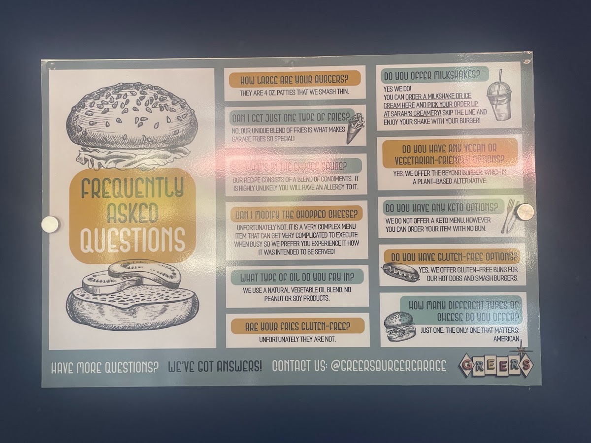 Greer’s Burger Garage menu board