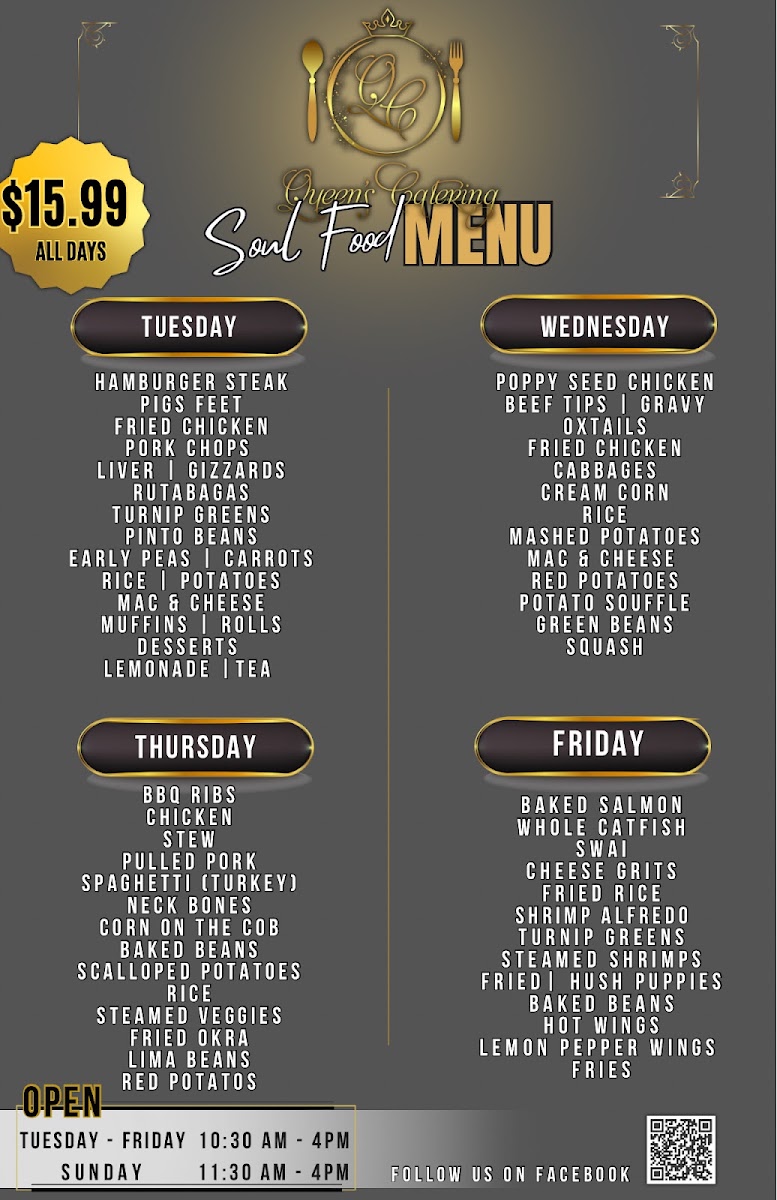 QUEEN'S CATERING menu board