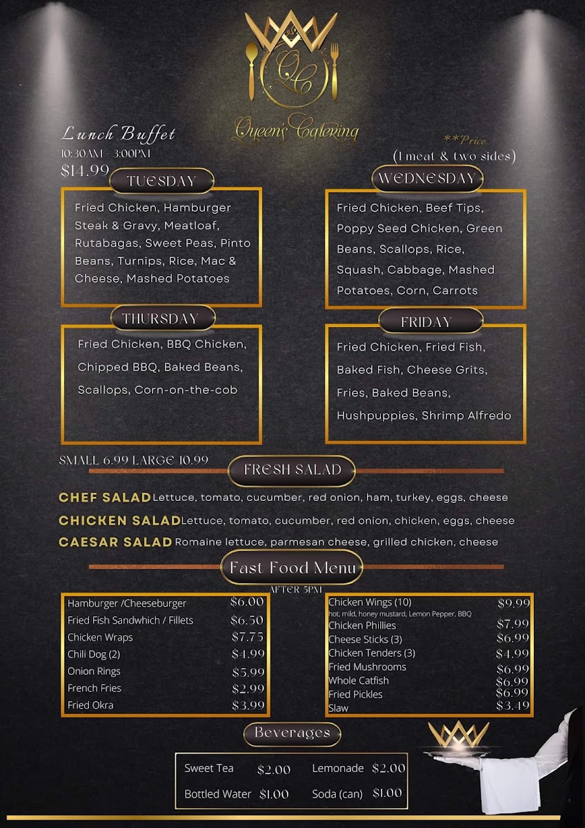 QUEEN'S CATERING menu board