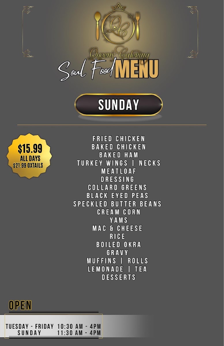 QUEEN'S CATERING menu board