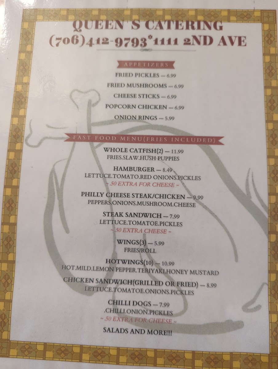 QUEEN'S CATERING menu board