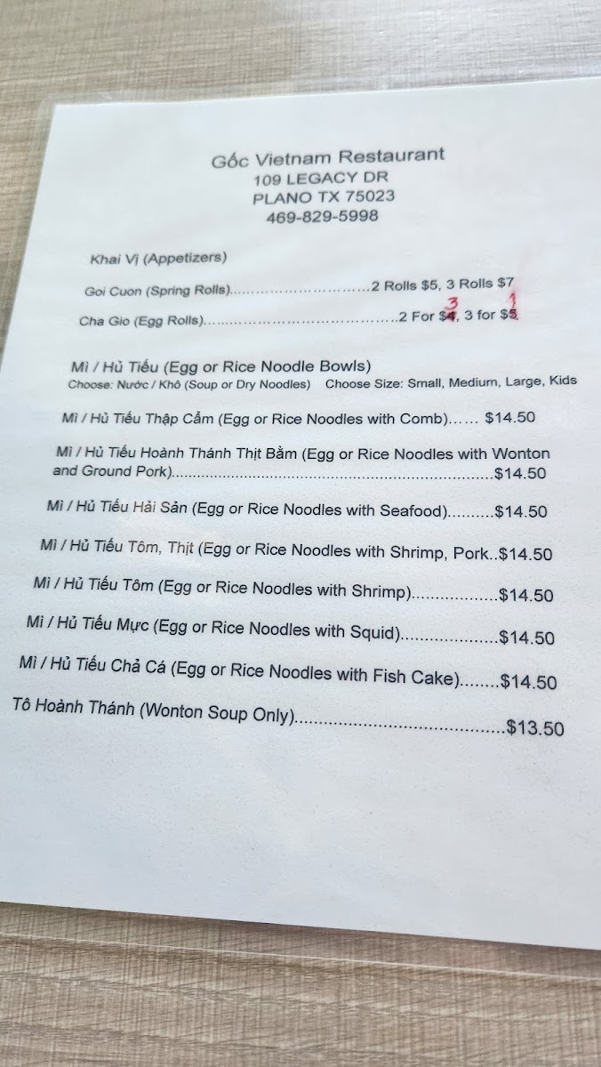 Gốc Vietnam Restaurant menu board