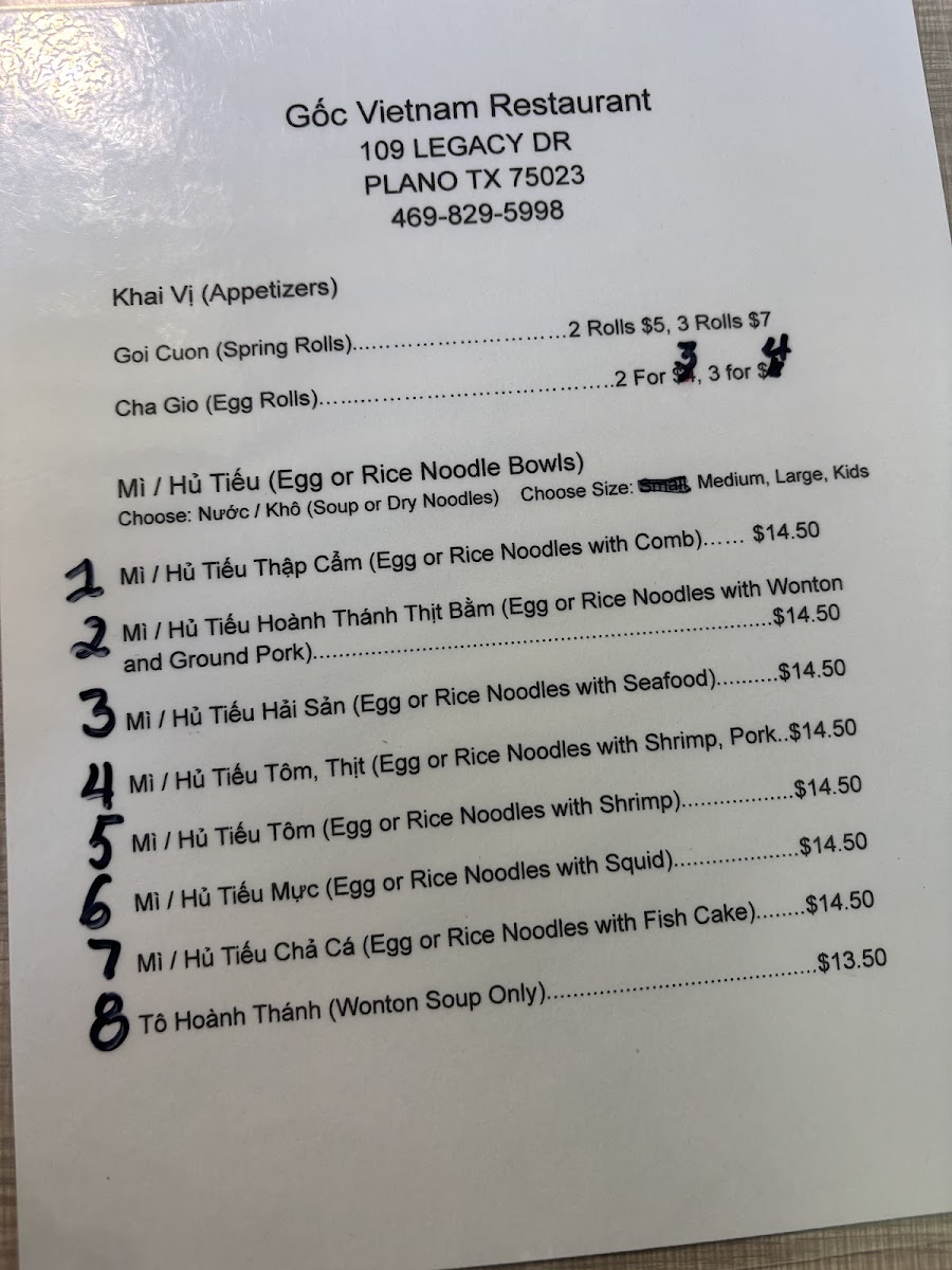 Gốc Vietnam Restaurant menu board