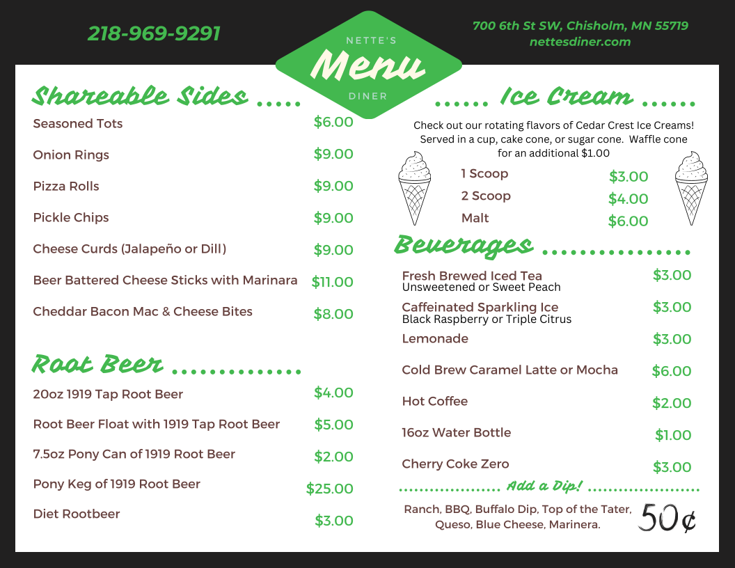 Nette's Diner & Catering menu board