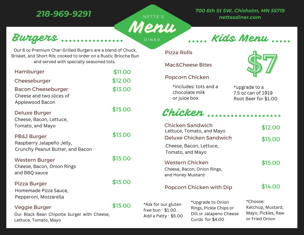 Nette's Diner & Catering menu board