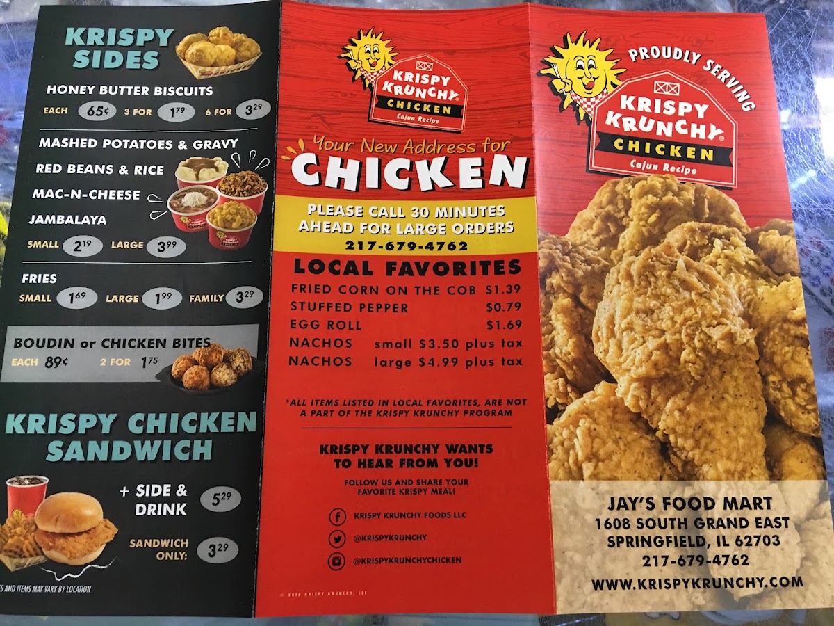 Krispy Krunchy Chicken and Jays FoodMart menu board