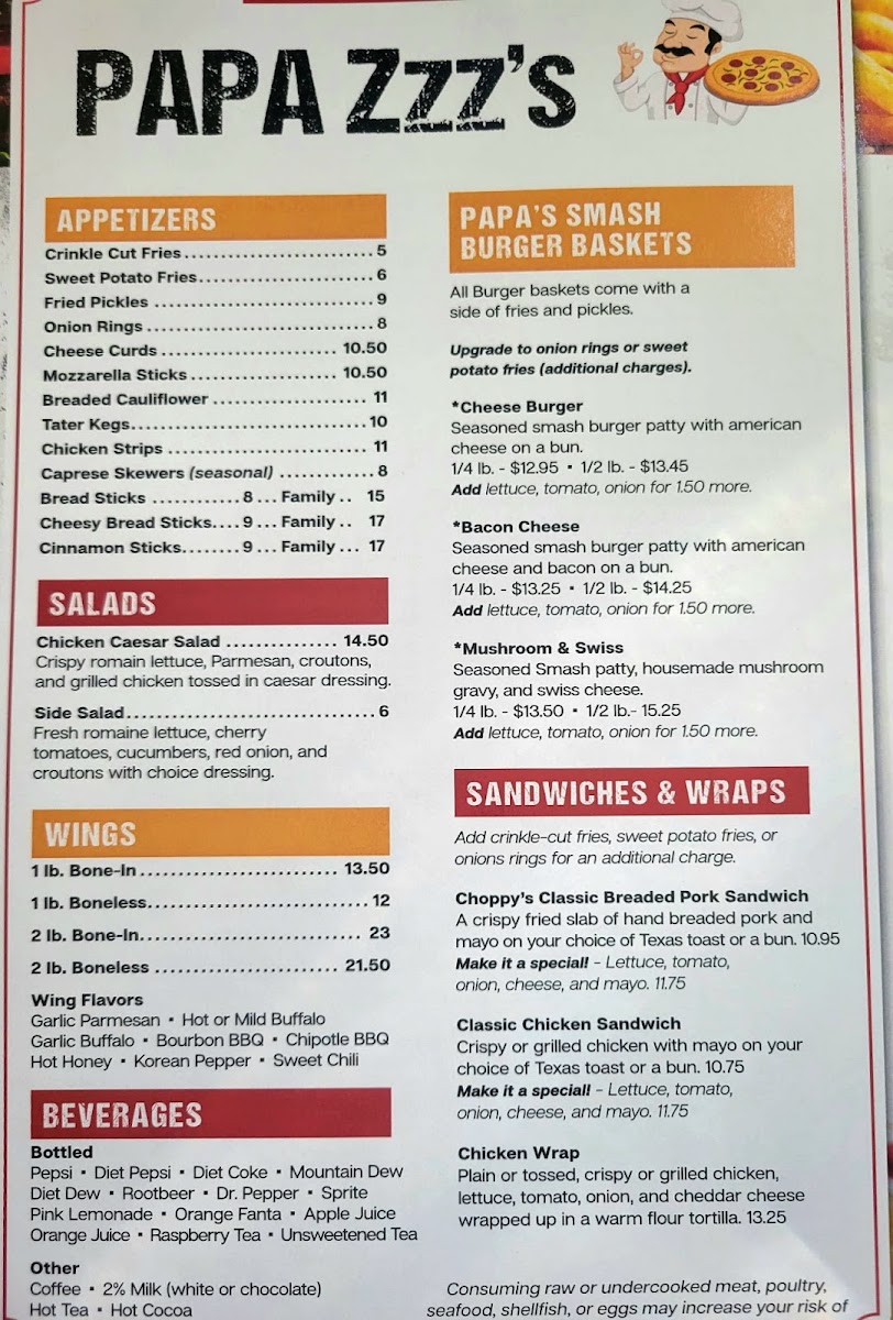 Papa Zzz's Pizza menu board