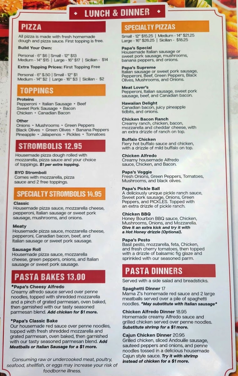 Papa Zzz's Pizza menu board