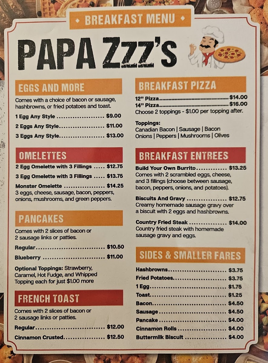 Papa Zzz's Pizza menu board