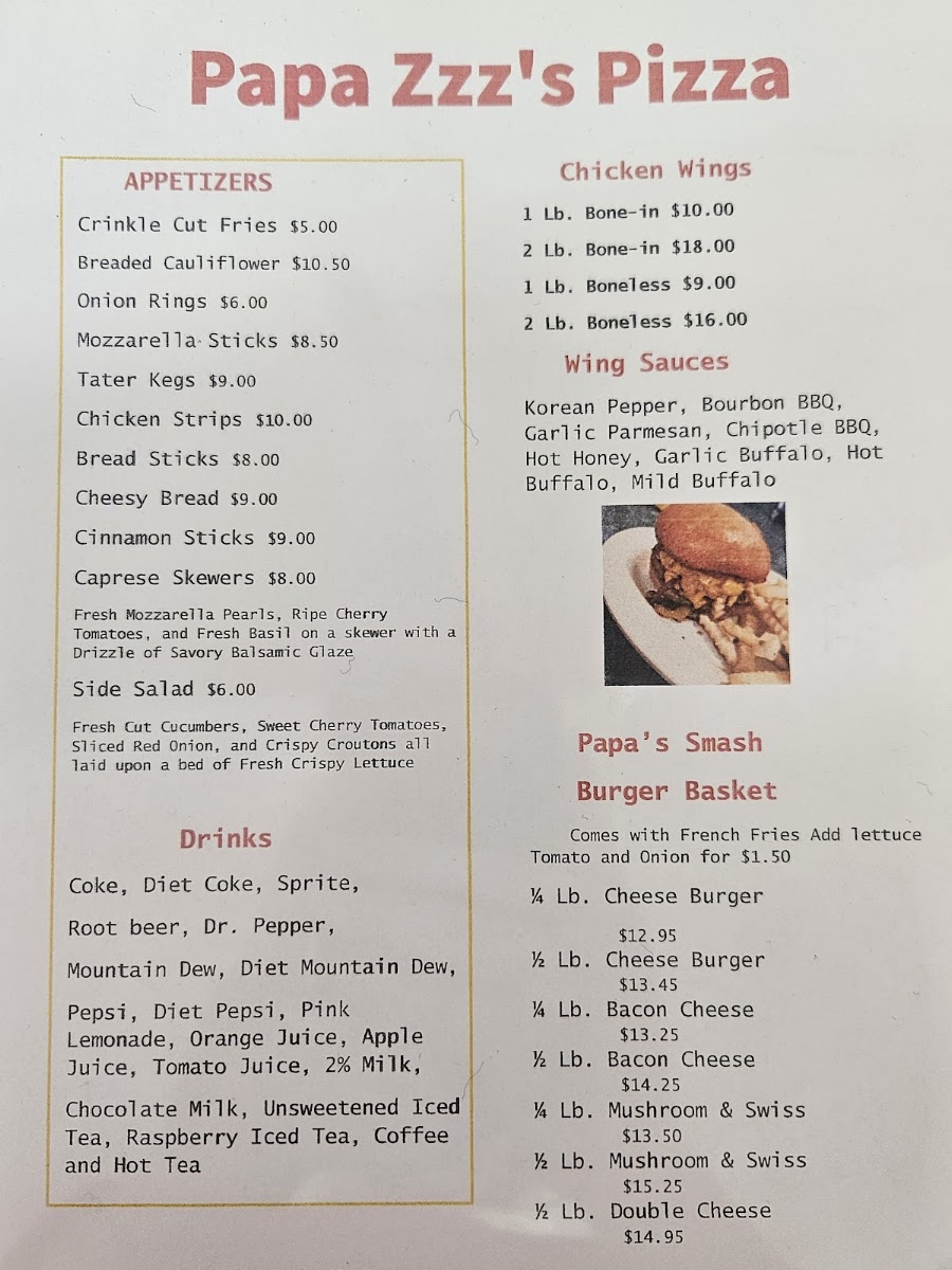 Papa Zzz's Pizza menu board