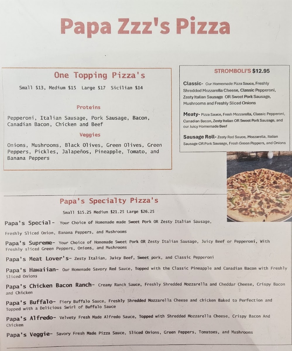 Papa Zzz's Pizza menu board