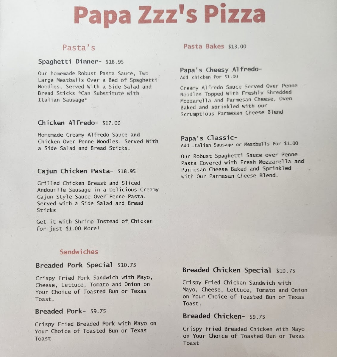 Papa Zzz's Pizza menu board