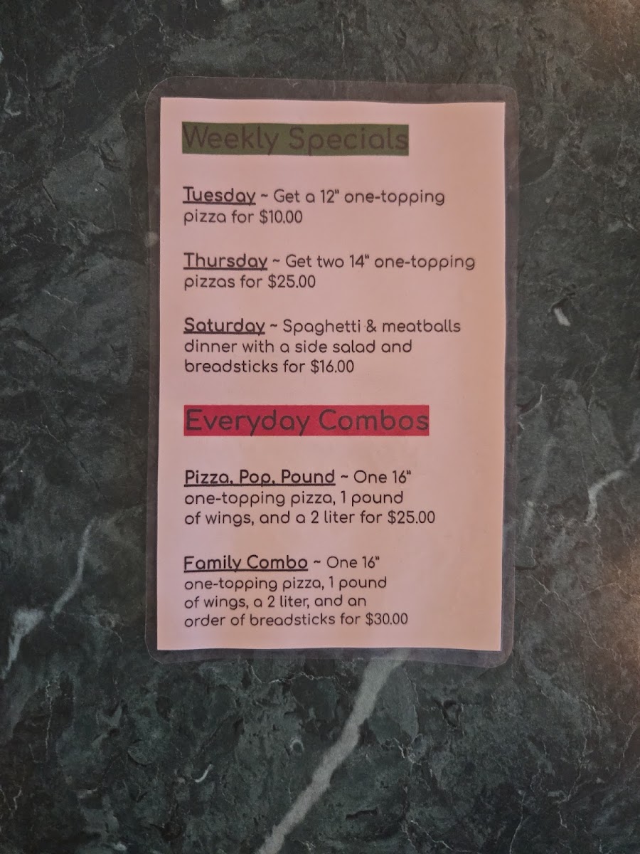 Papa Zzz's Pizza menu board