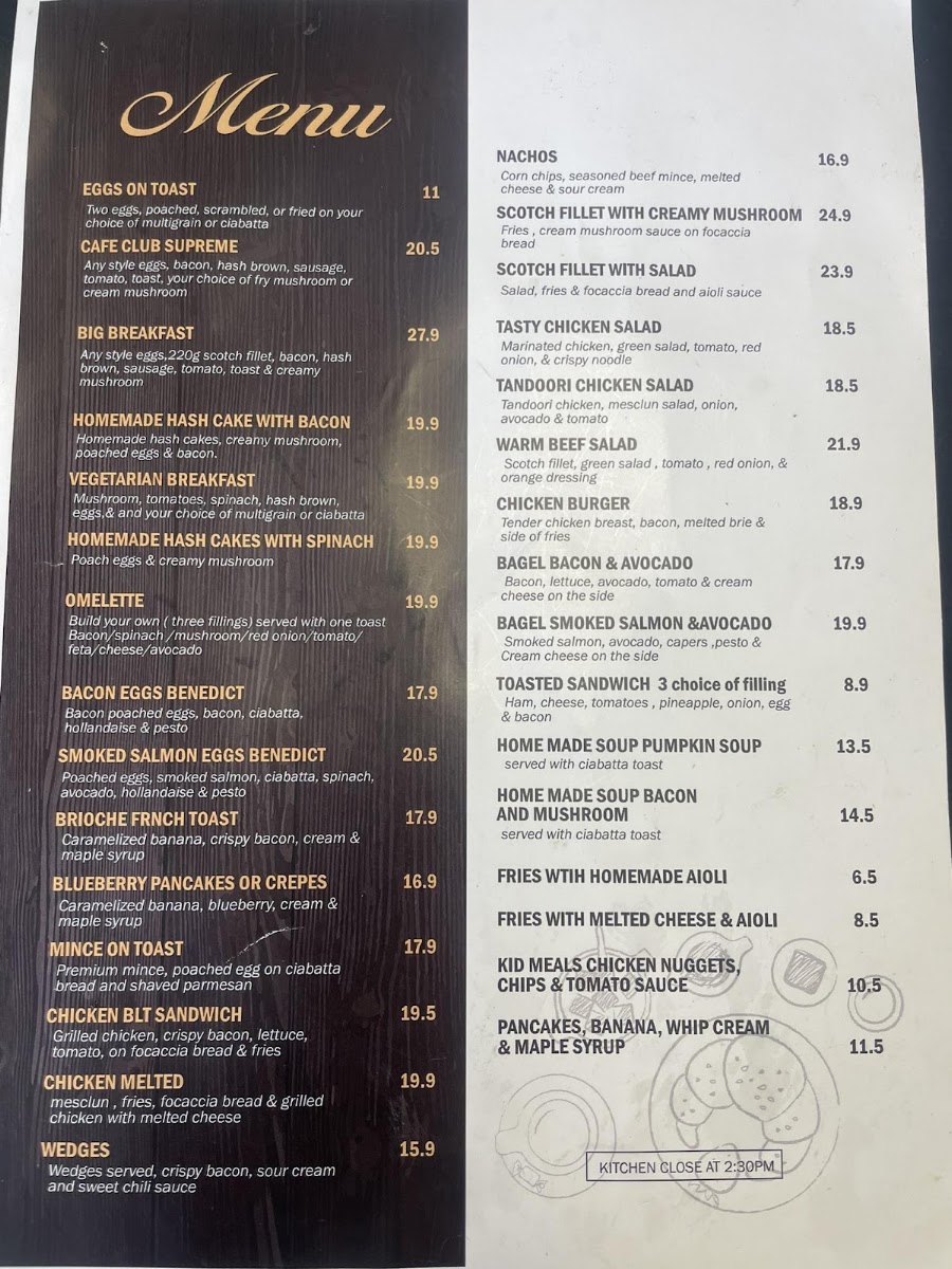 Cafe Club & Bakery menu board