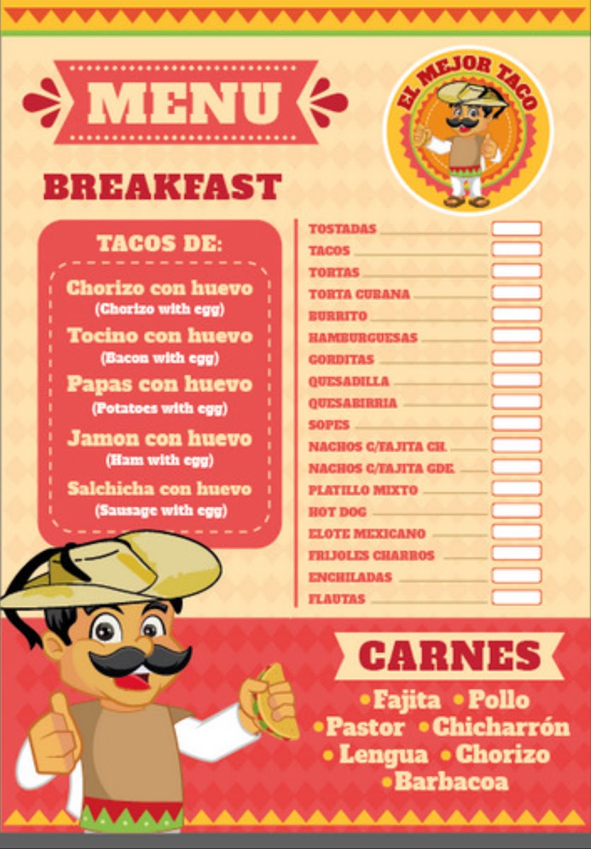 El Mejor Taco 2 Food Truck menu board