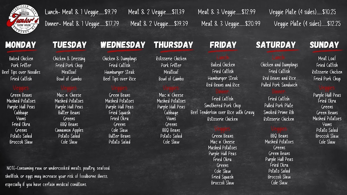 Junior's Eatin' House menu board