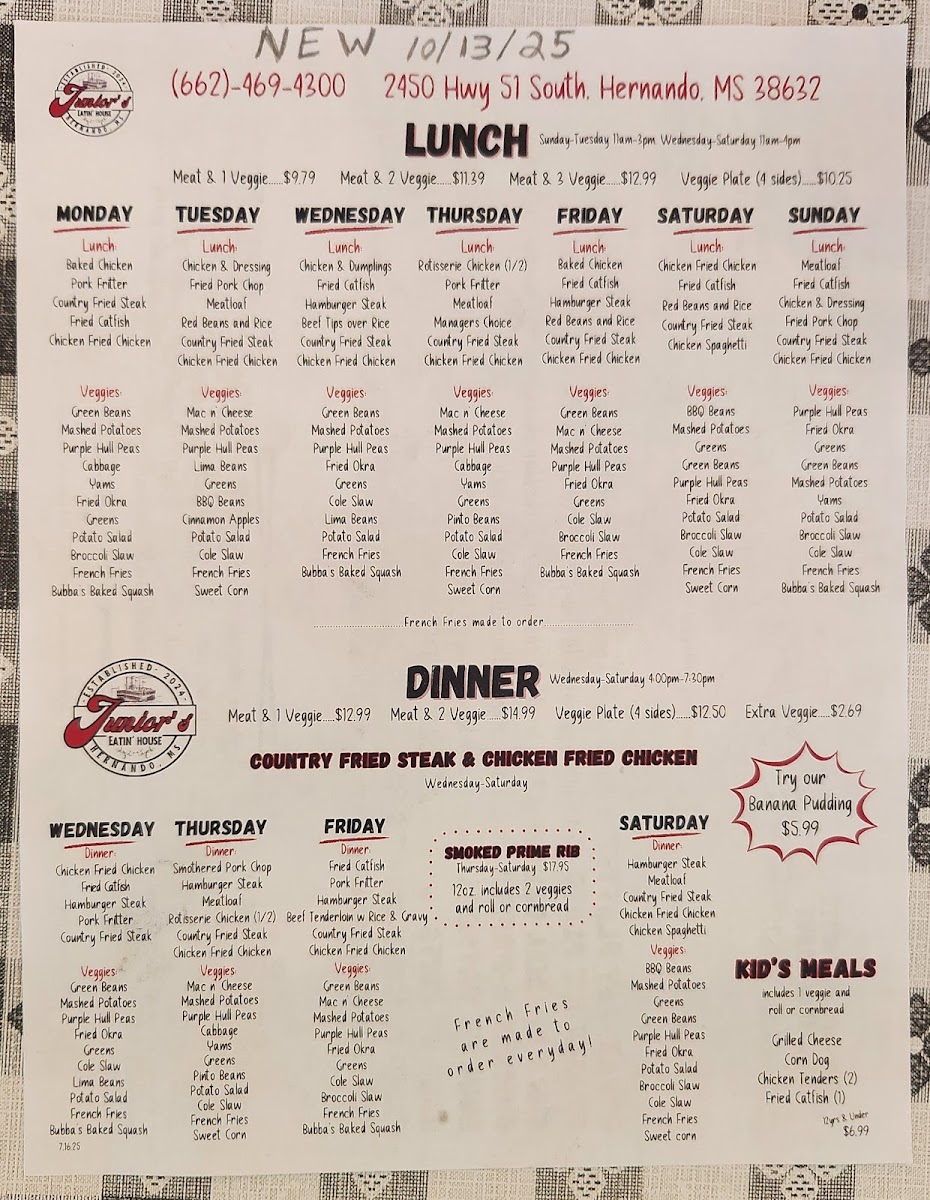 Junior's Eatin' House menu board
