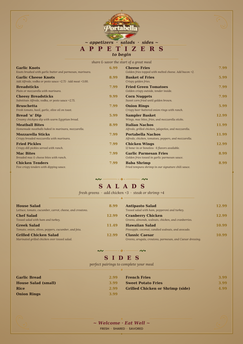 Portabella Italian Restaurant menu board