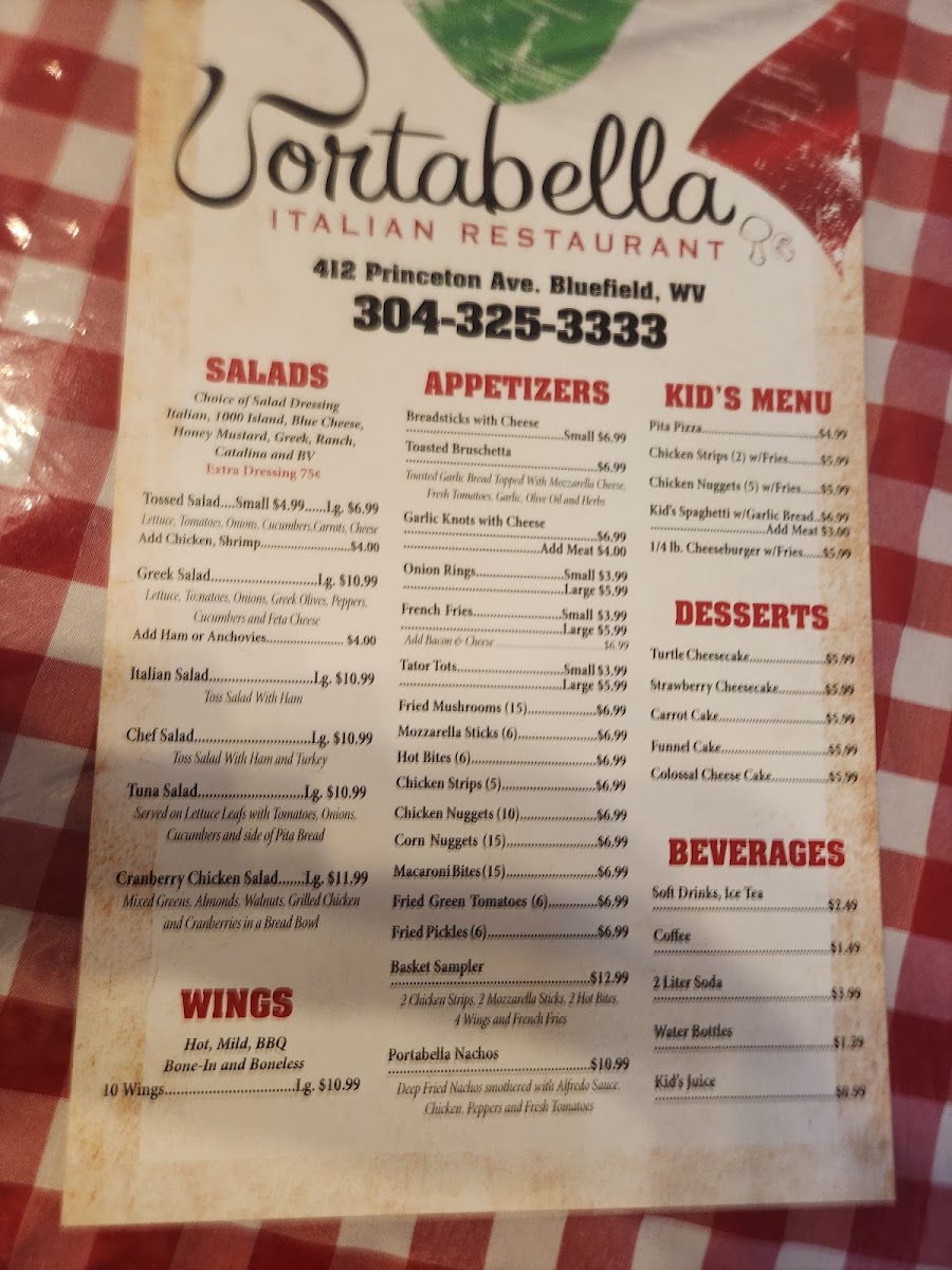 Portabella Italian Restaurant menu board