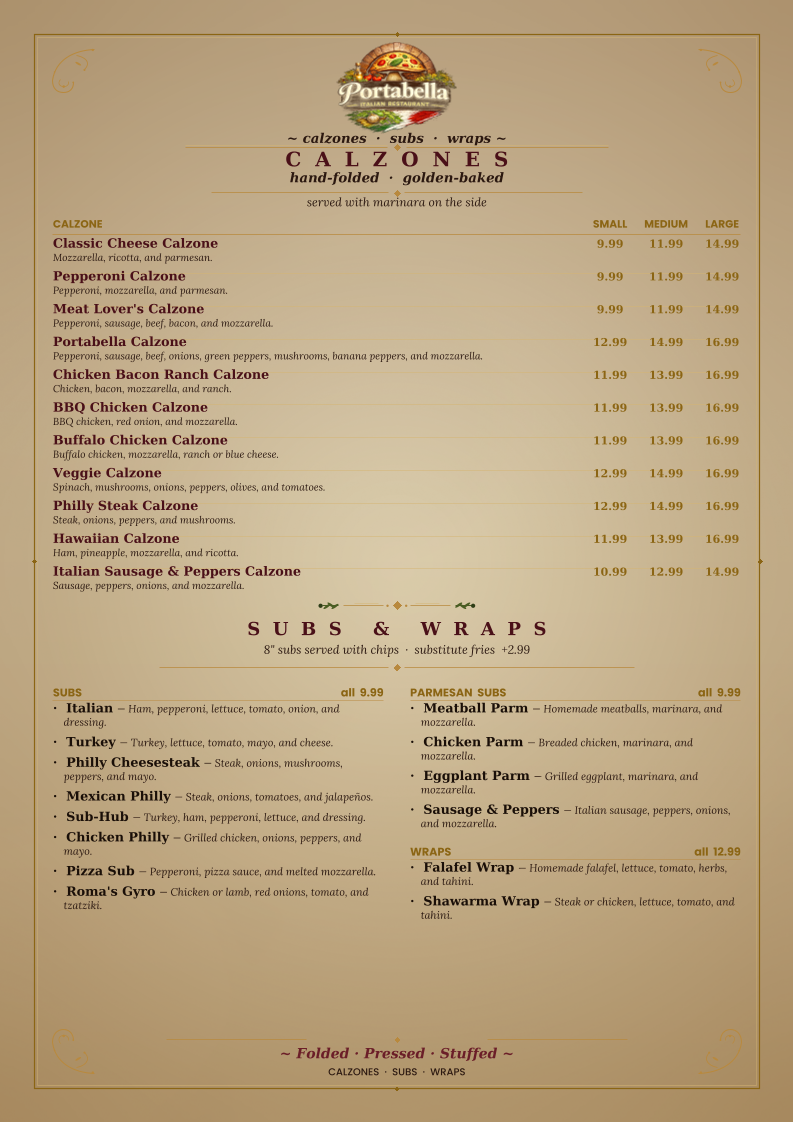 Portabella Italian Restaurant menu board