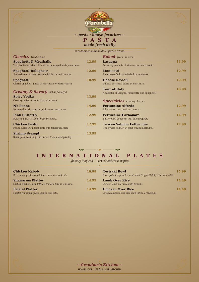 Portabella Italian Restaurant menu board