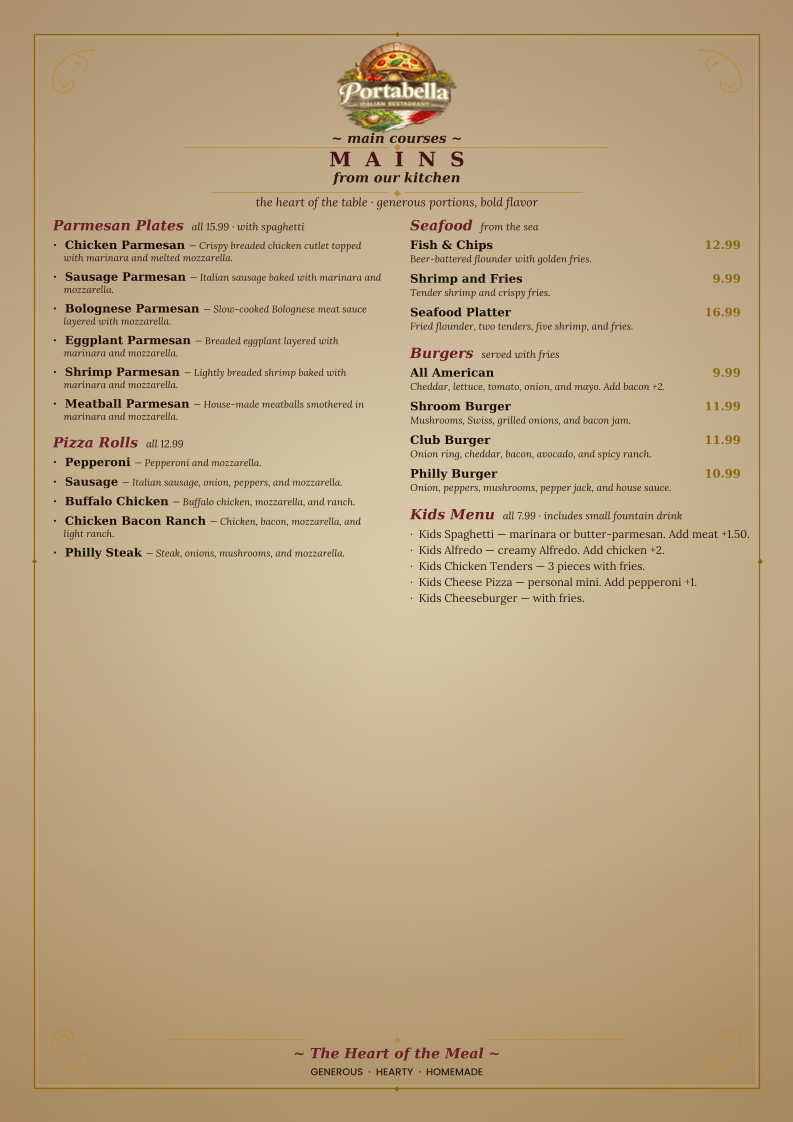 Portabella Italian Restaurant menu board