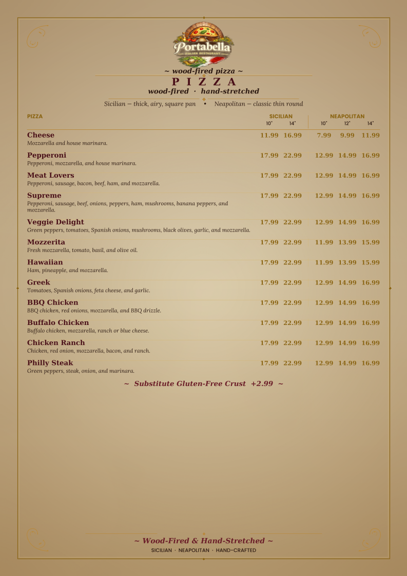 Portabella Italian Restaurant menu board