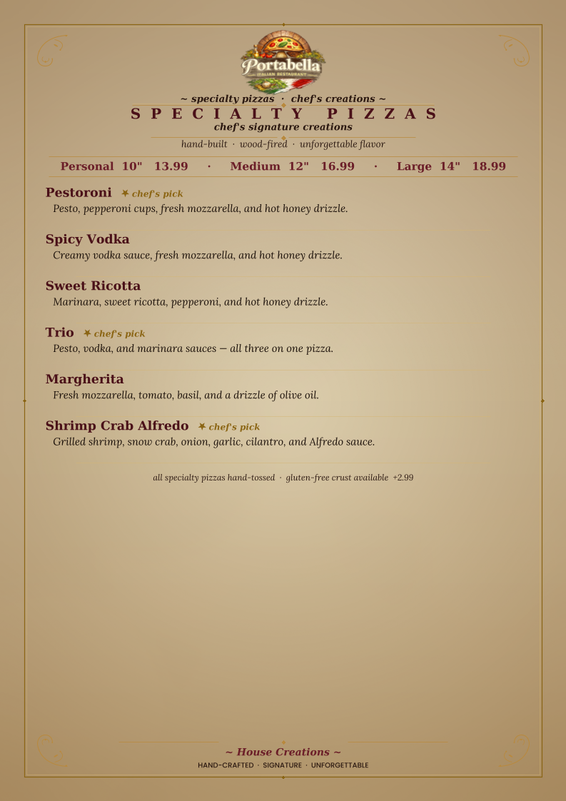 Portabella Italian Restaurant menu board