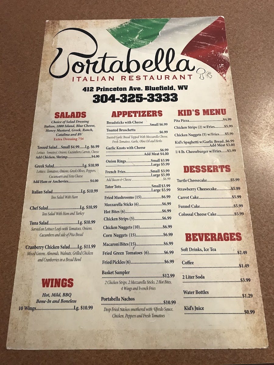 Portabella Italian Restaurant menu board