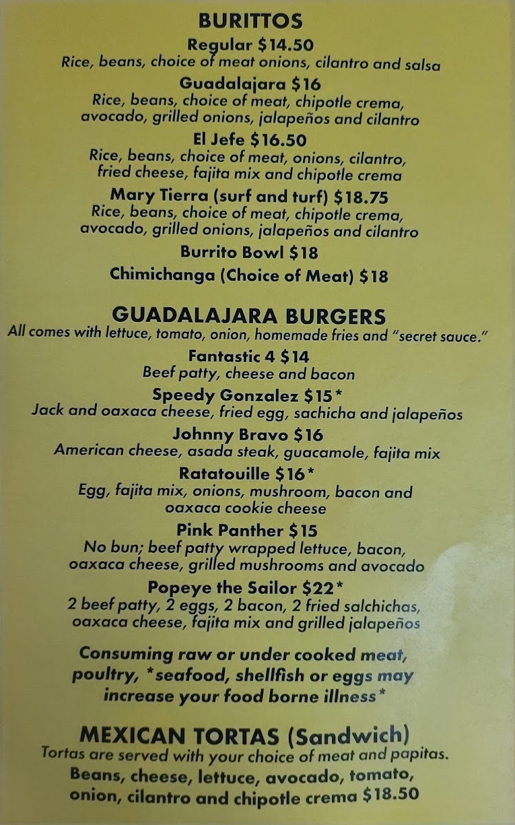 Guadalajara Grill Restaurant | Mexican menu board