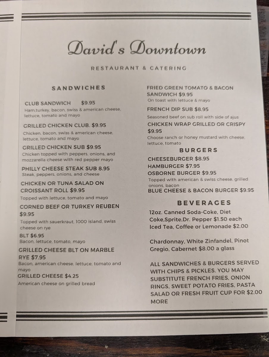 David's Downtown menu board