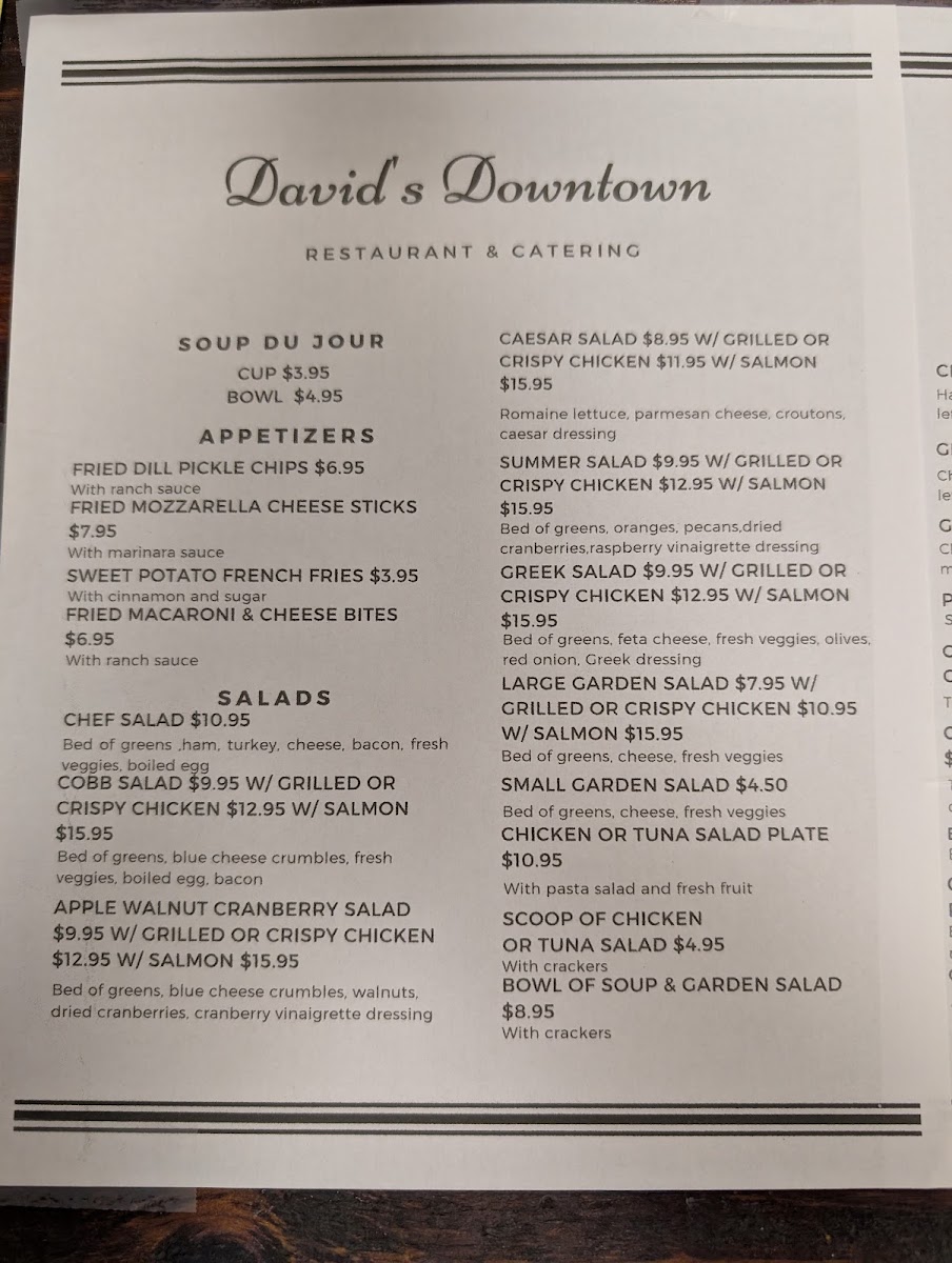 David's Downtown menu board