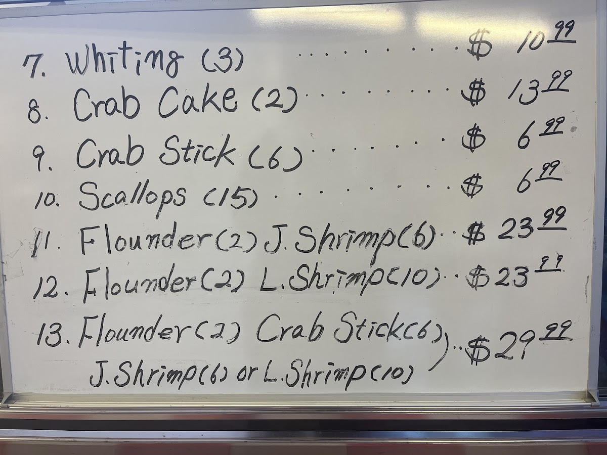 Rainbow Seafoods menu board