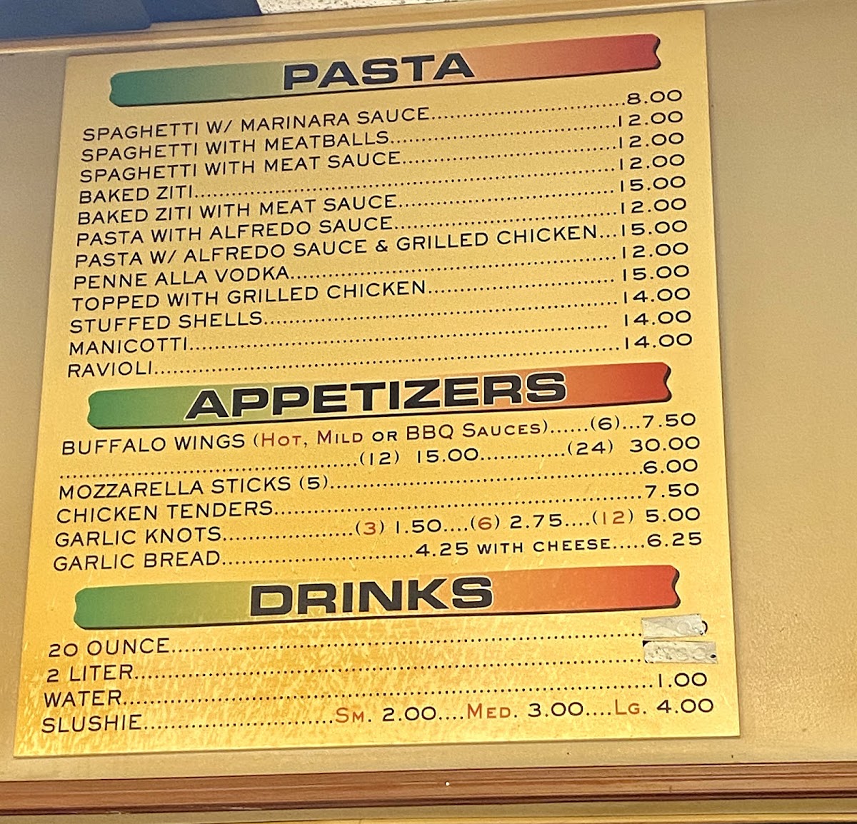 Sal & Paul's Pizzeria menu board