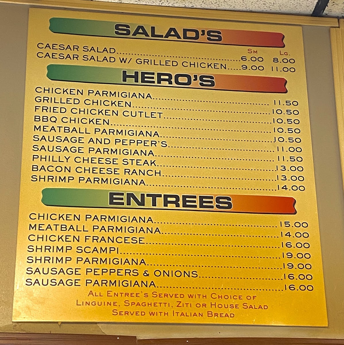 Sal & Paul's Pizzeria menu board