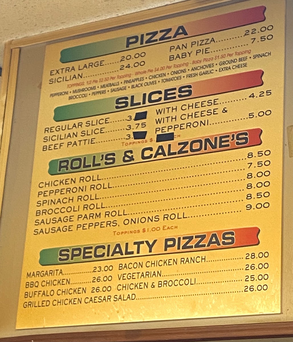 Sal & Paul's Pizzeria menu board