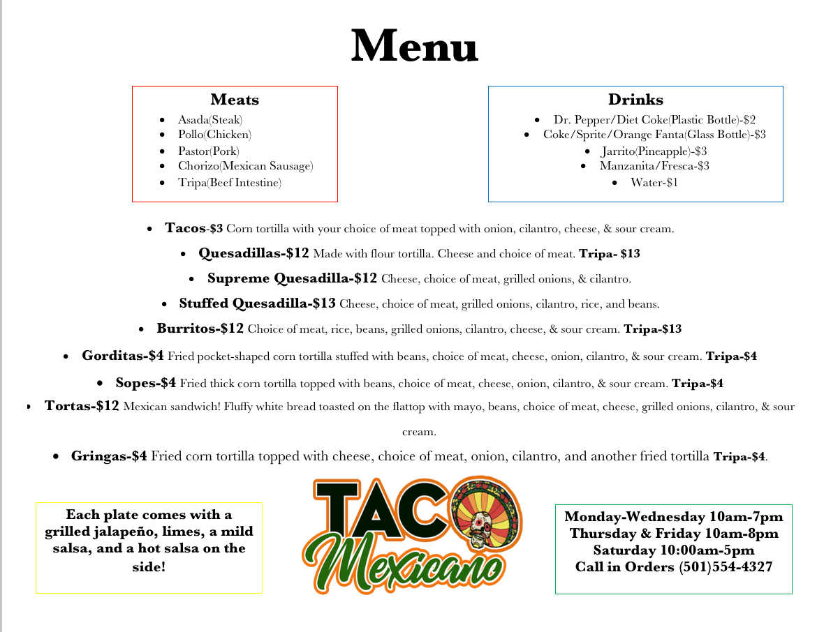 Taco Mexicano menu board