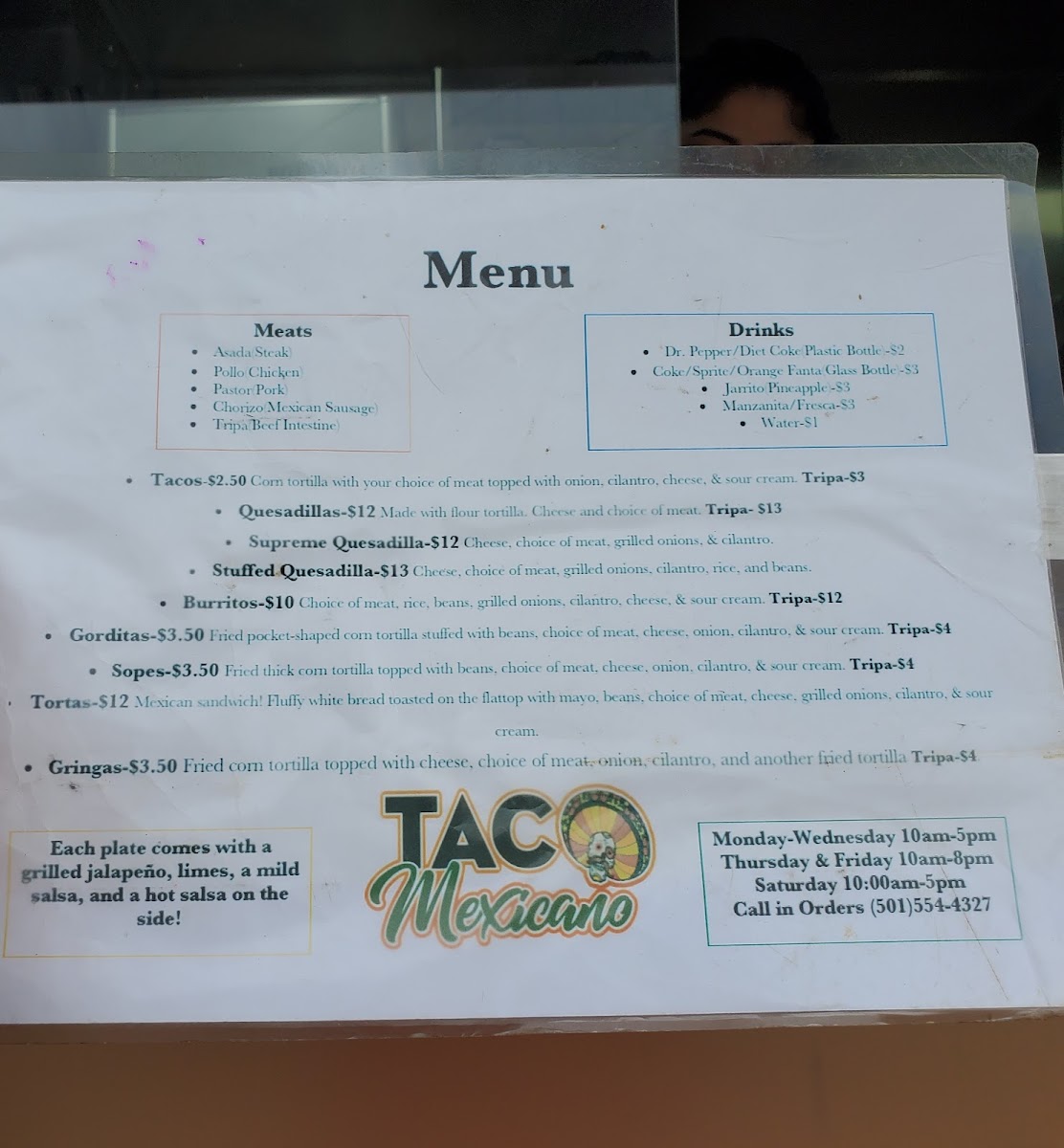 Taco Mexicano menu board