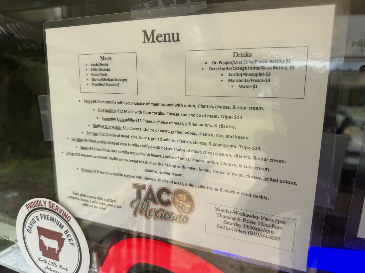 Taco Mexicano menu board