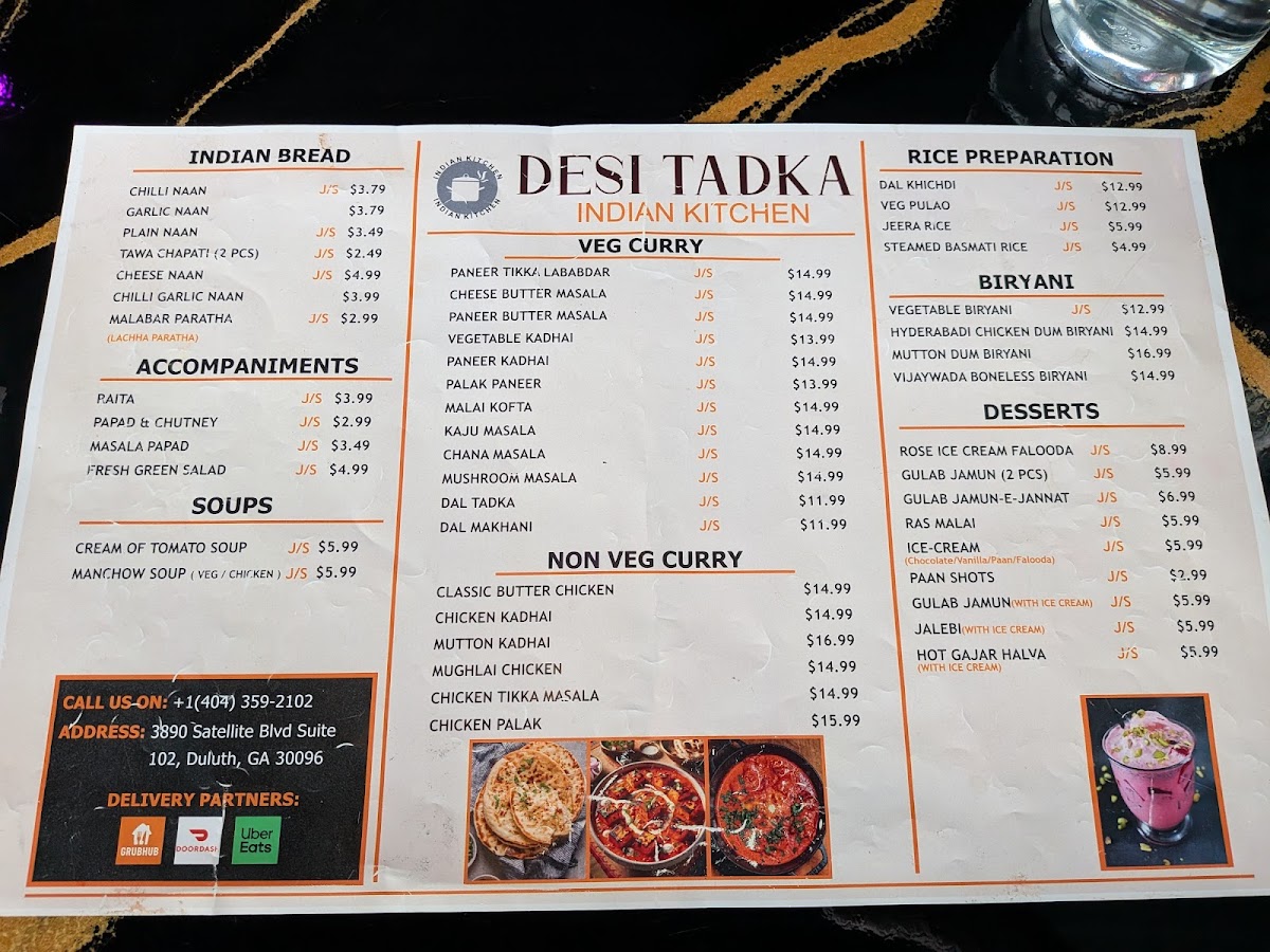 DESI TADKA Indian Restaurant DULUTH menu board