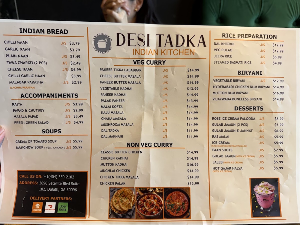 DESI TADKA Indian Restaurant DULUTH menu board