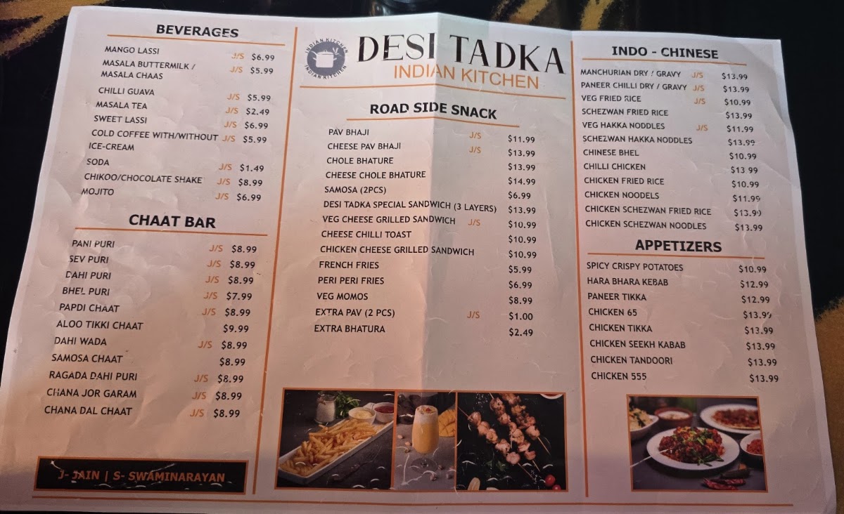 DESI TADKA Indian Restaurant DULUTH menu board