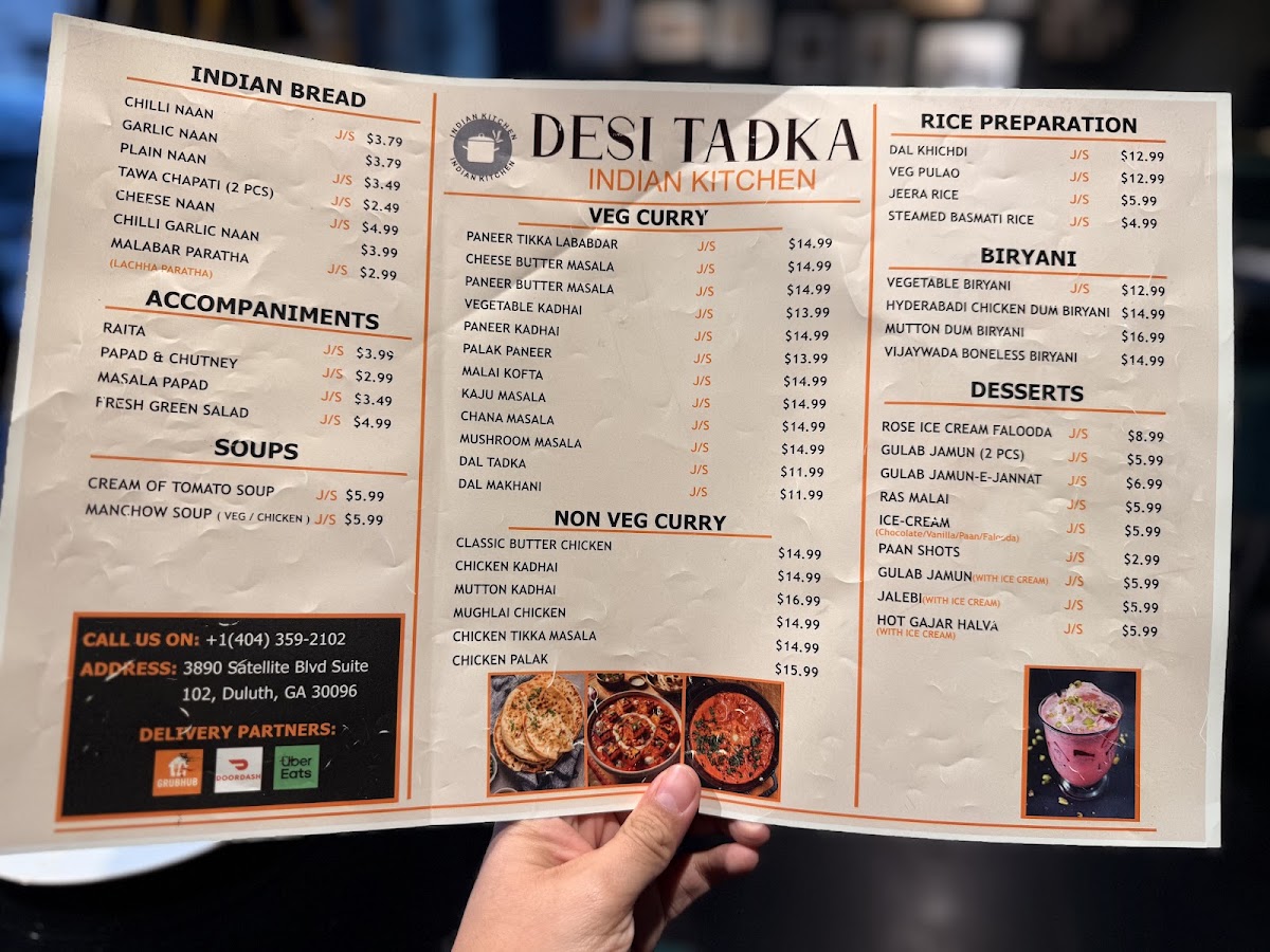DESI TADKA Indian Restaurant DULUTH menu board