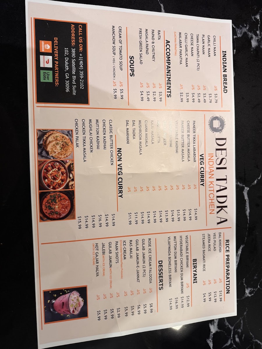 DESI TADKA Indian Restaurant DULUTH menu board